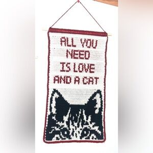 Crocheted Wall Tapestry “All You Need is Love and a Cat”